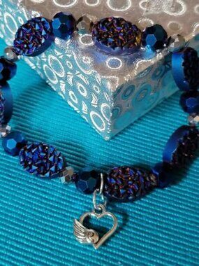 Blue Gold Turquoise Beaded Bracelet with Charms
